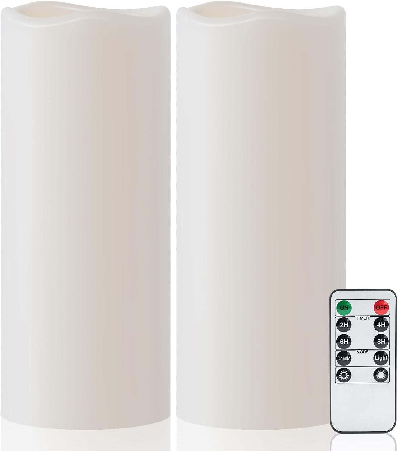 Amagic 2 Pack 10" x 4" Outdoor Plastic Electric flameless Candles with Remote Control and Timer, Battery Operated Flickering LED Pillar Fake Candle for Home, Wedding Decor, Ivory