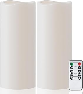 Amagic 2 Pack 10" x 4" Outdoor Plastic Electric flameless Candles with Remote Control and Timer, Battery Operated Flickering LED Pillar Fake Candle for Home, Wedding Decor, Ivory