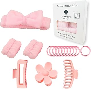 16pcs Skincare Headband Set, Headband Set for Face Washing Spa and Makeup, Including 1 Hairband, Wristband, 3 Hair Claw Clips and 10 Hair Ties, with Box, Gift for Women and Girls, Pink