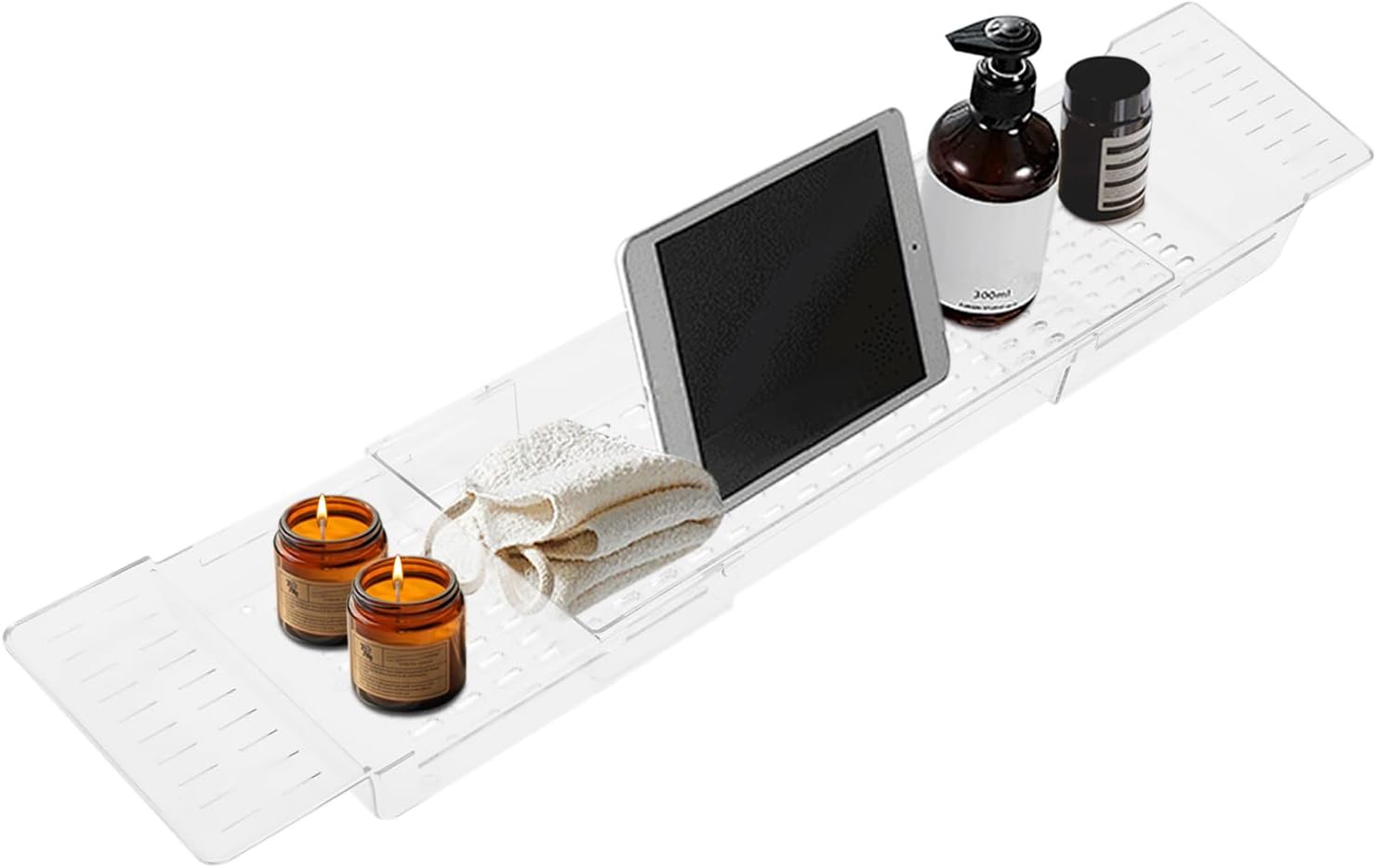Expandable Clear Bathtub Tray, 24–32 in Slide-Out Flat Bath Shelf, Plastic Waterproof Spa Caddy for Tub & Shower, No-Slip Side Grips, Book Phone Wine Rest, Lightweight Easy-Wipe Storage Board