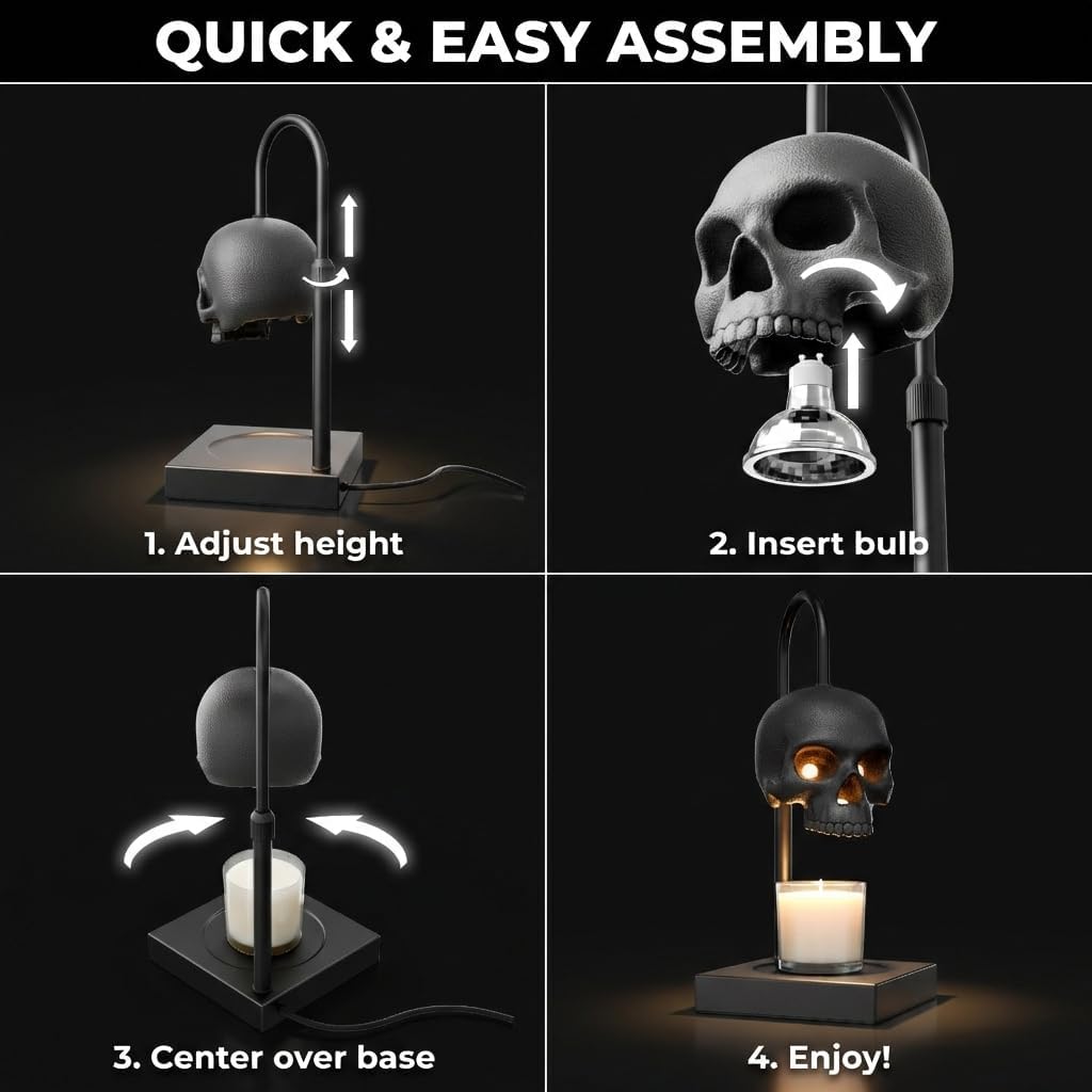 Skull Candle Warmer Lamp with Timer and Dimmer *Candles NOT Included – Black Gothic Candle Lamp Warmer w/ Adjustable Height, 2 Light Bulbs – Skull Decor, Goth Gothic Decor Spooky Home & Witchy Gifts