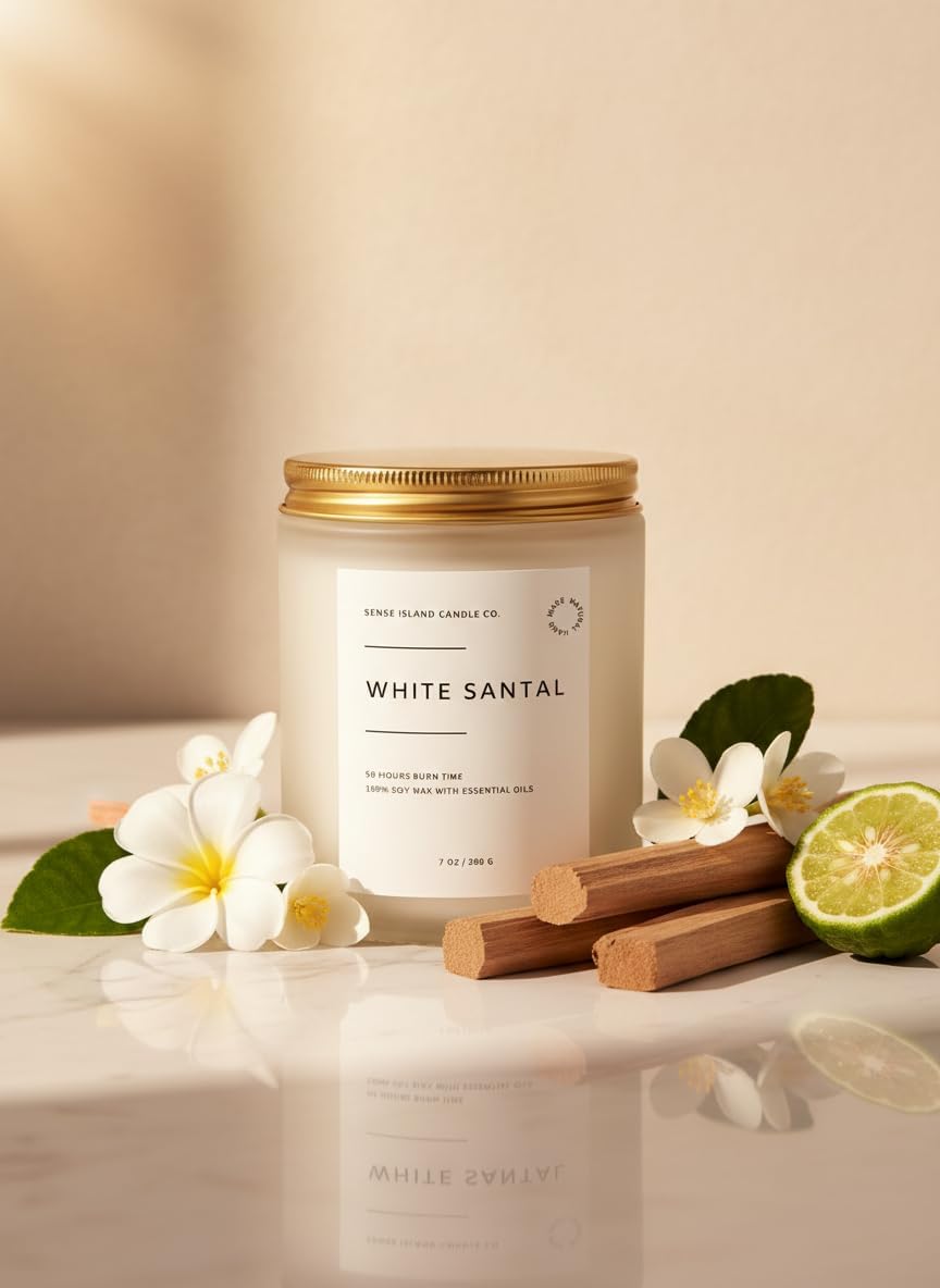White Santal Scented Candle for Home Scented 50+ Hrs Highly Scented | 100% Natural Soy Candle Gifts for Women Highly Scented House Warming Gifts