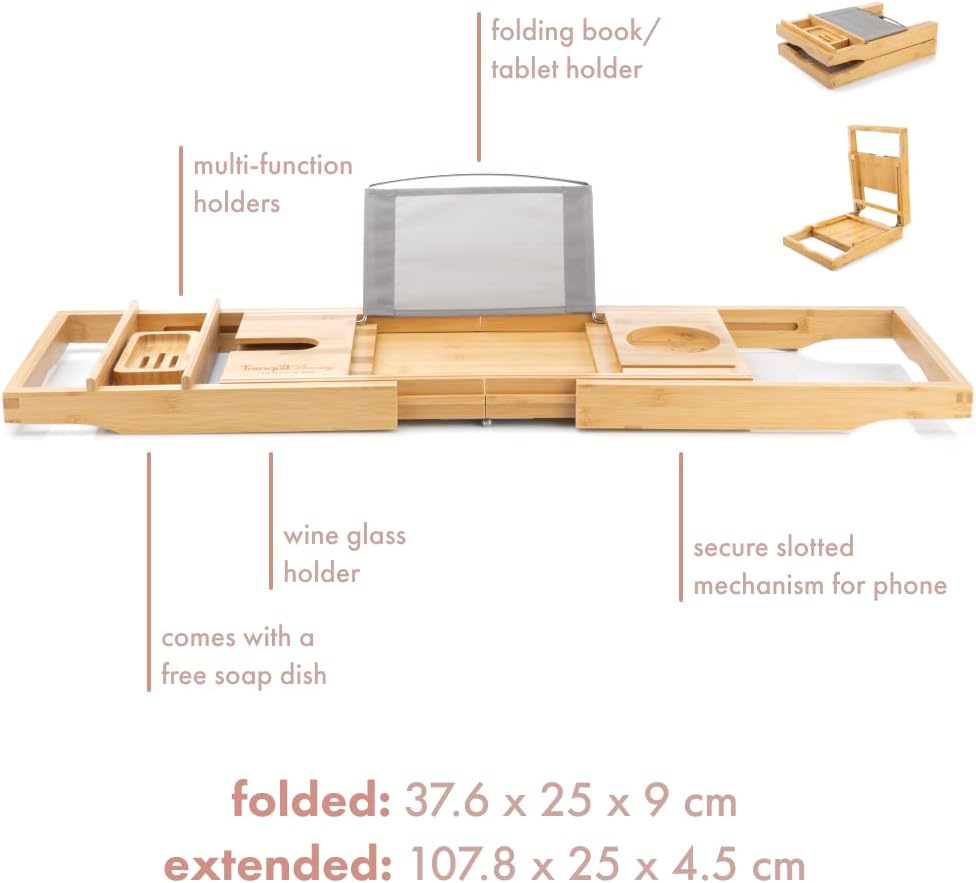 TranquilBeauty Premium Bath Caddy | Bath Board with iPad, Tablet, and Phone Stand | Extendable Wooden Tray Bath Rack