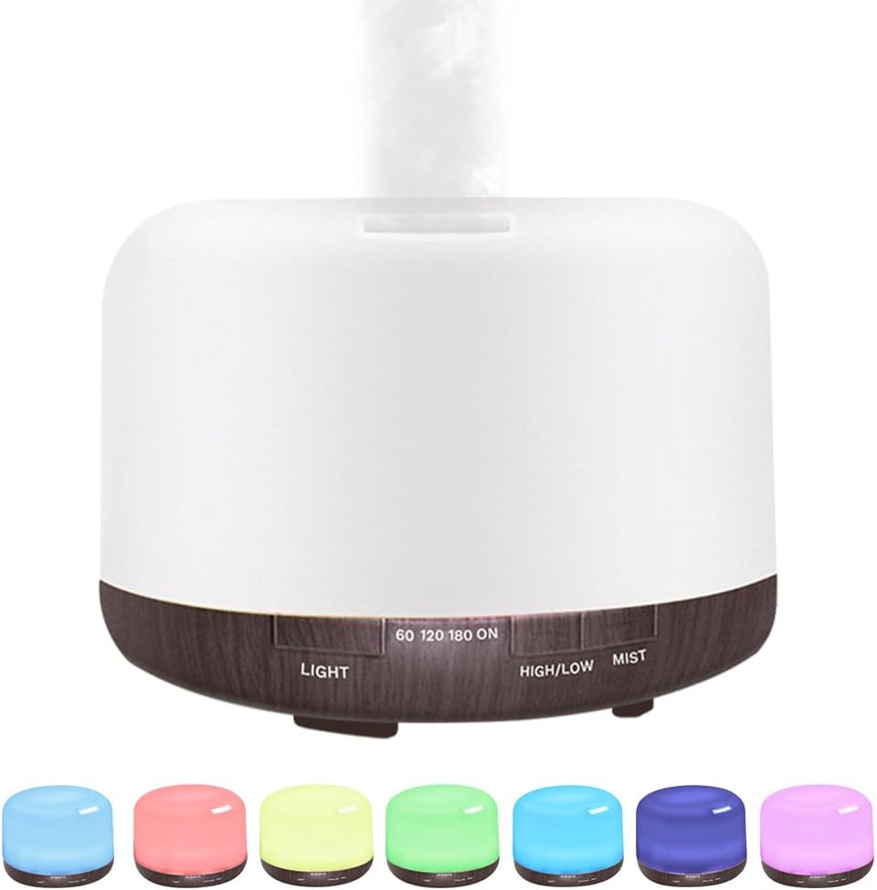 500ml Essential Oil Diffuser,Quiet 4-in-1 Ultrasonic Aromatherapy Humidifier,7 Color LED Lights,Timer & Auto-Off,BPA Free,Large Capacity Room Fragrance(Deep Woodgrain, Mini Model)