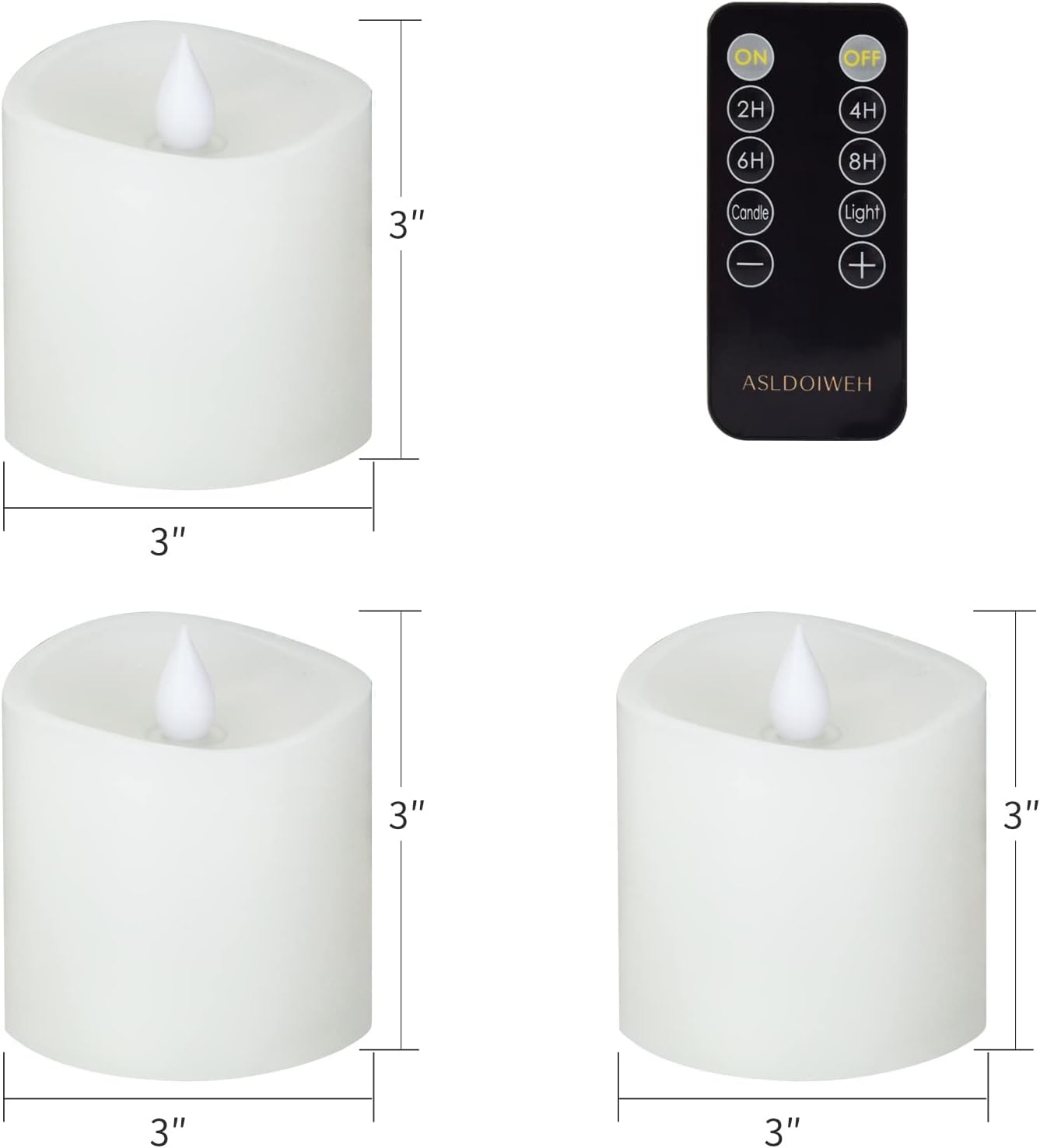 3x3 Flickering Flameless Candles Set of 3, 2AA Battery Life 600 Hours Battery Candles Flickering with Timer,3 inch Flameless Candles with Remote for Indoor/Outdoor, White
