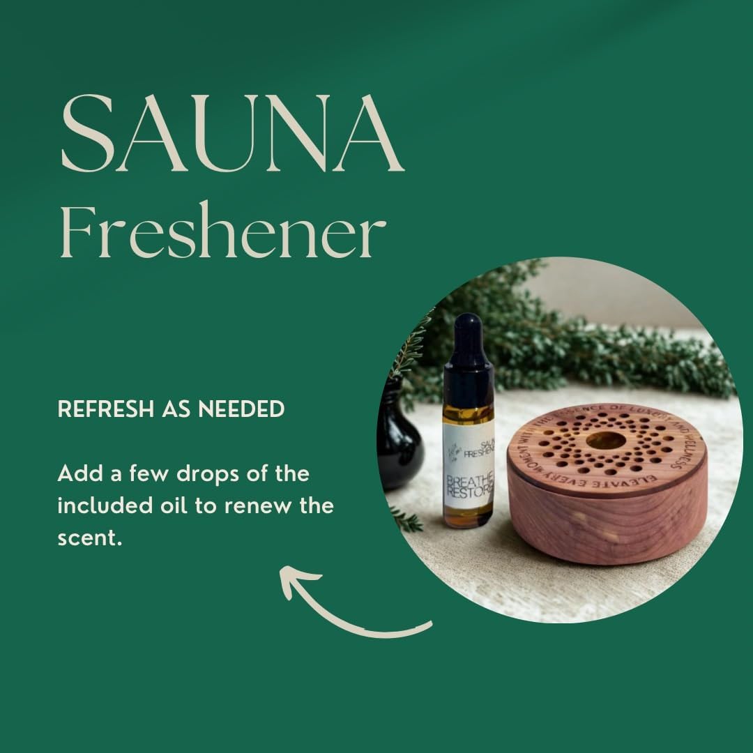 Sauna Freshener with Essential Oil Refill – Handmade Cedar Wood Diffuser – Breathe & Restore Scent – Eucalyptus, Peppermint & Tea Tree – Heat-Activated Aromatherapy for Sauna – Made in USA