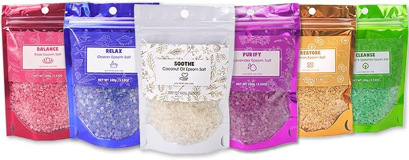 Natural Bath Salt Gift Set- Relaxing Aromatherapy Spa Set for Women, Sea Salt, Essential Oils,100g Spa Gift for Mother's Day Birthday with Natural Sea Salts(Pack of 6)