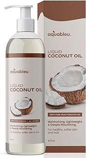 Aquableu Fractionated Liquid Coconut Oil - 100% Pure and All-Natural - Moisturizing, Lightweight and Deeply Nourishing - Promotes Healthy, Softer Skin & Hair - Hydrating - 12 oz