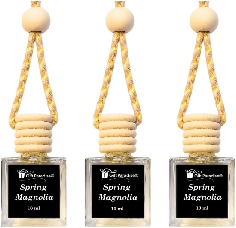 Gift Paradise® Spring Magnolia Hanging Car Freshener – Set of 3 (10 ml Each) – Long-Lasting Floral Fragrance Oil Diffuser for Car, Closet & Office – Soft & Clean Bloom Scent – Velvet Gift Bag Included