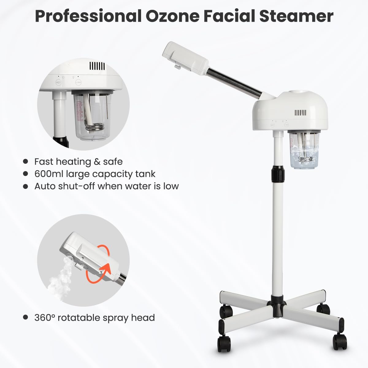 TASALON Professional Facial Steamer, Hot Mist Spray, Vaporizador Facial Steamer for Esthetician, Height Adjustable, SPA at Home, White