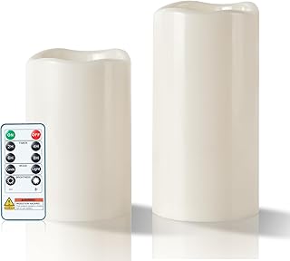 5plots 4"×6" 8" Large Outdoor Waterproof Flameless Candles Ivory White with Timer & Remote, Battery Operated LED Flickering Pillar Candles for Patio Porch Halloween Christmas Lantern, Set of 2