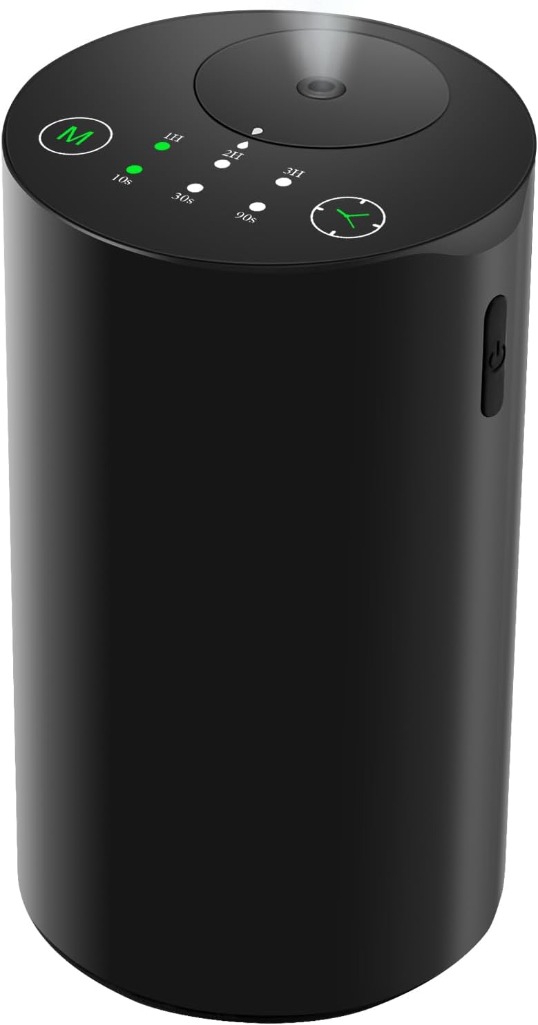 Waterless Essential Oil Diffuser, Battery Powered Mini Scent Air Machine, Aromatherapy Mist Diffuser for Home Room Car Office，Black Aluminum Alloy (Black)
