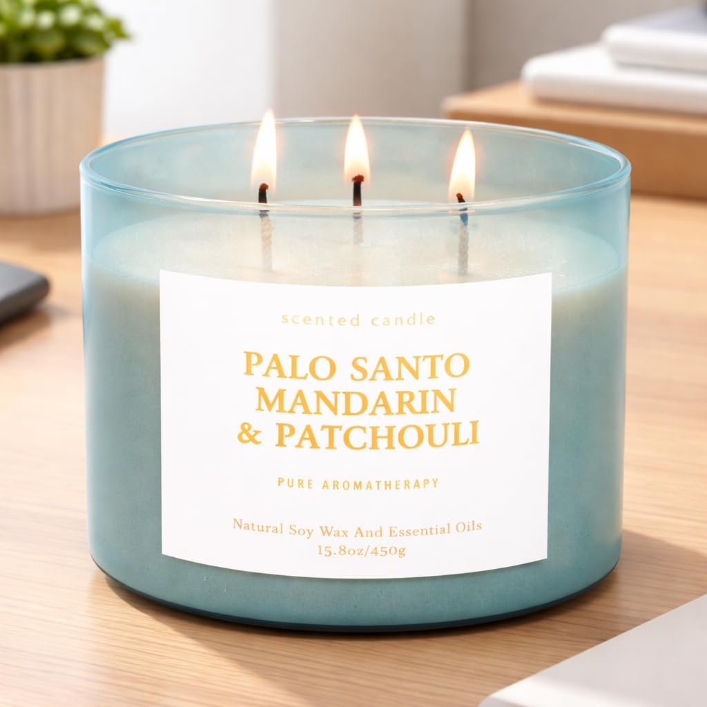 Palo Santo Mandarin Patchouli 3-Wick Soy Candle | 15.8 oz Calming Aromatherapy Candle for Home | Clean Burn Long Lasting | Warm Wood Citrus Scent | Stress Relief Candle Gift for Women & Men
