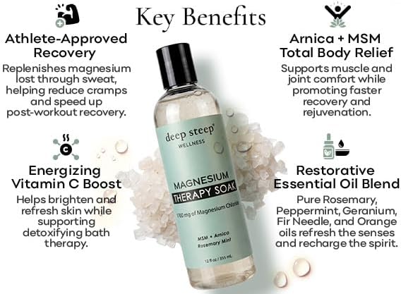 Deep Steep Magnesium Bubble Bath, Extra Strength, Foaming Soak with Magnesium, Arnica, Vitamin C & MSM, Extra Strength for Muscle Recovery, Soreness & Stiffness Relief – Soothing Relaxation