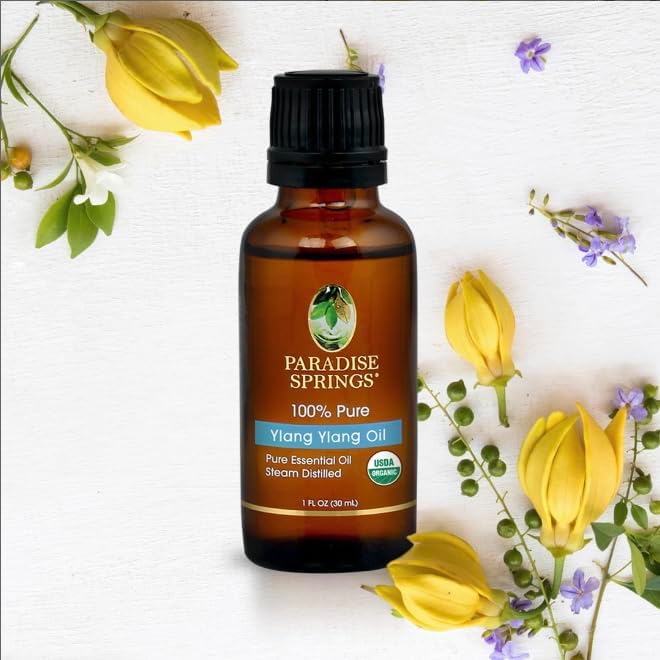 Paradise Springs Organic Ylang Ylang Essential Oil, 100% Pure and Natural Organic Ylang Ylang Essential Oil for Diffusers for Home Aromatherapy, Massage, Humidifiers, 1 fl oz (30ml)