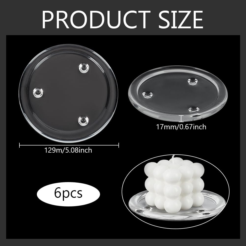 BENECREAT 6Pcs Clear Glass Candle Plates, 5.1 inch Flat Round Glass Candle Holders Tray Plates Holder for Candle Decoration, Dinning Wedding Party Table Centerpiece