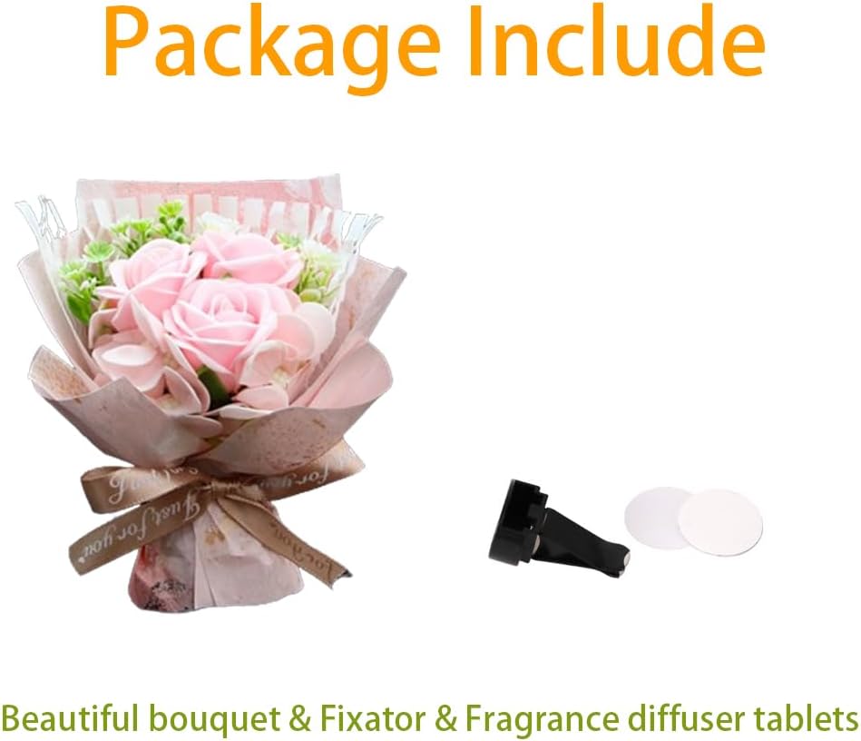 Unique Car Vent Clip Air Freshener, Aesthetic Floral Soap Rose Bouquet Diffuser Decor, Reusable Essential Oil Aroma Pad, Cute Car Accessories Gift for Women (Style I)