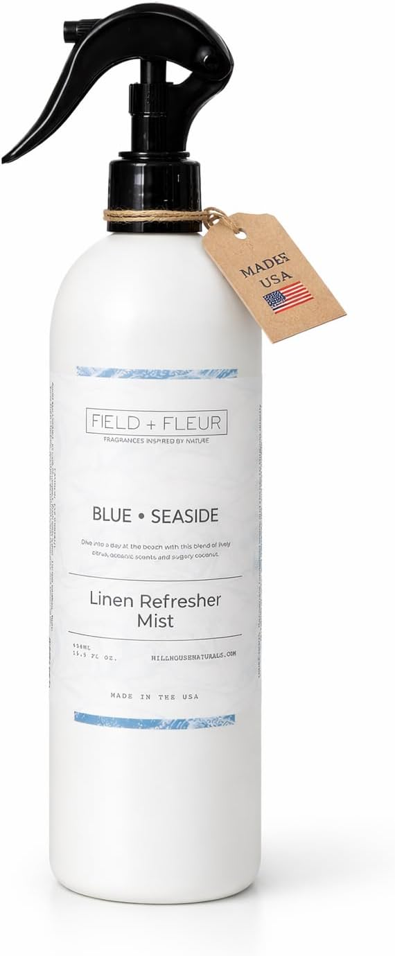 Field + Fleur - Linen Refresher Mist - Aromatic Spray for Fabrics - Refresh Bedding, Curtains & More - Notes of Citrus, Oceanic Breeze & Sugary Coconut -Made in the USA -Blue Seaside Scent -15.5 Fl Oz
