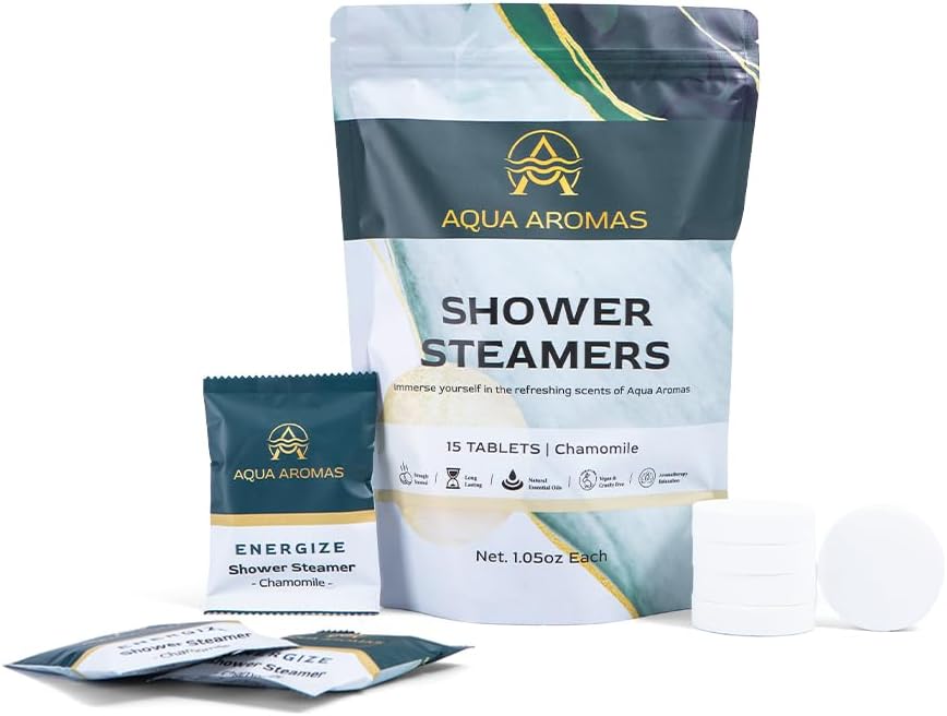 Aqua Aromas Shower Chamomile Steamers - Aromatherapy Shower Bombs, 15 Count - with Chamomile Essential Oils for Relaxation & Invigoration - Spa-Like Experience for Stress Relief & Wellness
