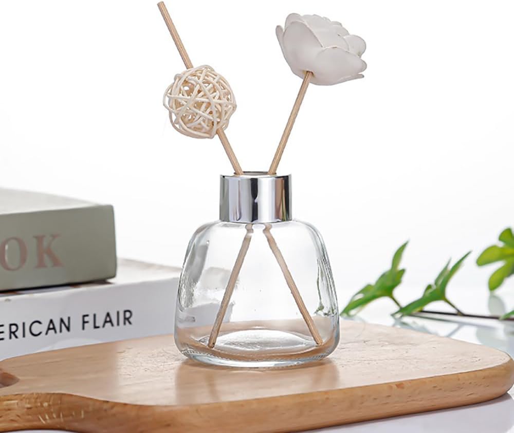 Kaxich 4 Pack Reed Diffuser Bottle Empty Glass Jar 3.52 oz Refillable Essential Oil Bottles with 30pcs Reeds Sticks, Elegant Home Decor Set for Bedroom, Bathroom, Office Decoration Gift