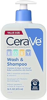CeraVe Baby Wash & Shampoo, Tear-Free 2-in-1 Bath Wash for Hair & Skin, with Vitamin E, Fragrance-Free, Paraben-Free, Dye-Free, Phthalates-Free, Sulfate-Free, 16oz