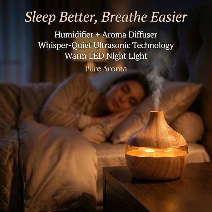 Wood Grain Essential Oil Diffuser, USB Powered Ultrasonic Humidifier, LED Light, Teardrop Shape, 300ml Capacity