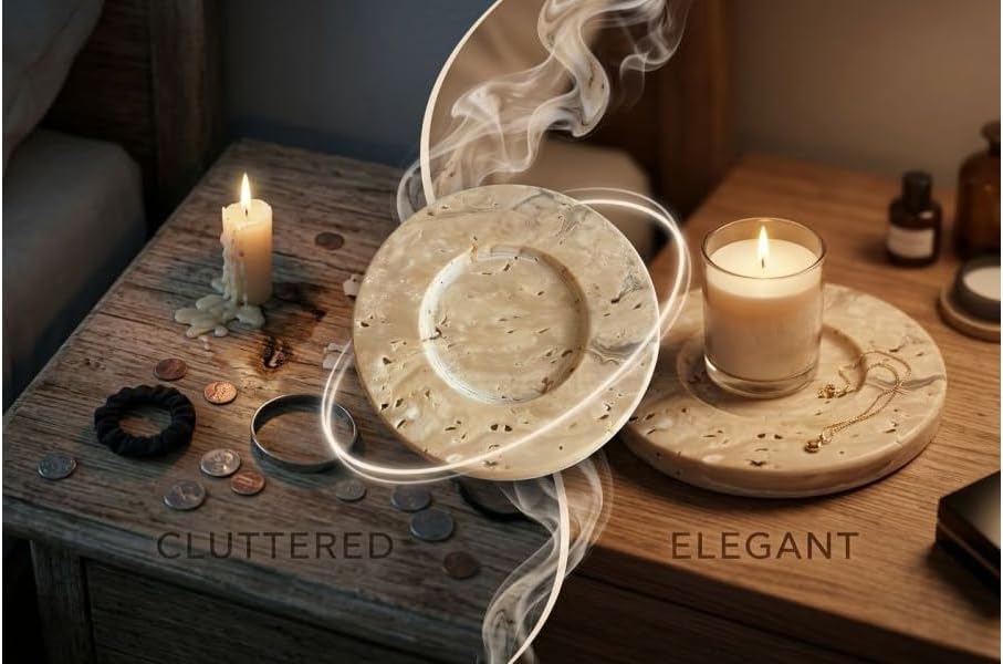 2 Pcs Travertine Marble Candle Holders, European Style, 3.93 in Round Hand-Polished Decorative Trays for Aromatic Wax, Jewelry Display, Storage, Unique Retro Decor