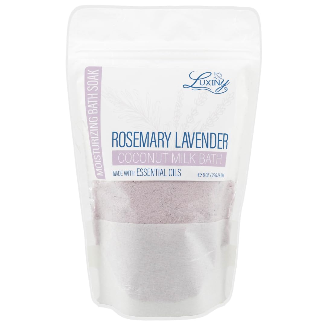 Luxiny Vegan Milk Bath Soak Made with Moisturizing Coconut Milk Powder, Essential Oil, & Sweet Almond Oil for a Bath Bomb Dust Soothing Fizz & Relaxing Soak, 8 oz. (Rosemary Lavender)