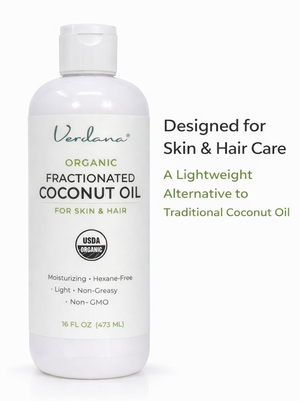 Verdana Organic Fractionated Coconut Oil for Skin & Hair – Lightweight, Fast Absorbing Carrier Oil for Essential Oils, Body & Scalp Care – USDA Organic, Unscented
