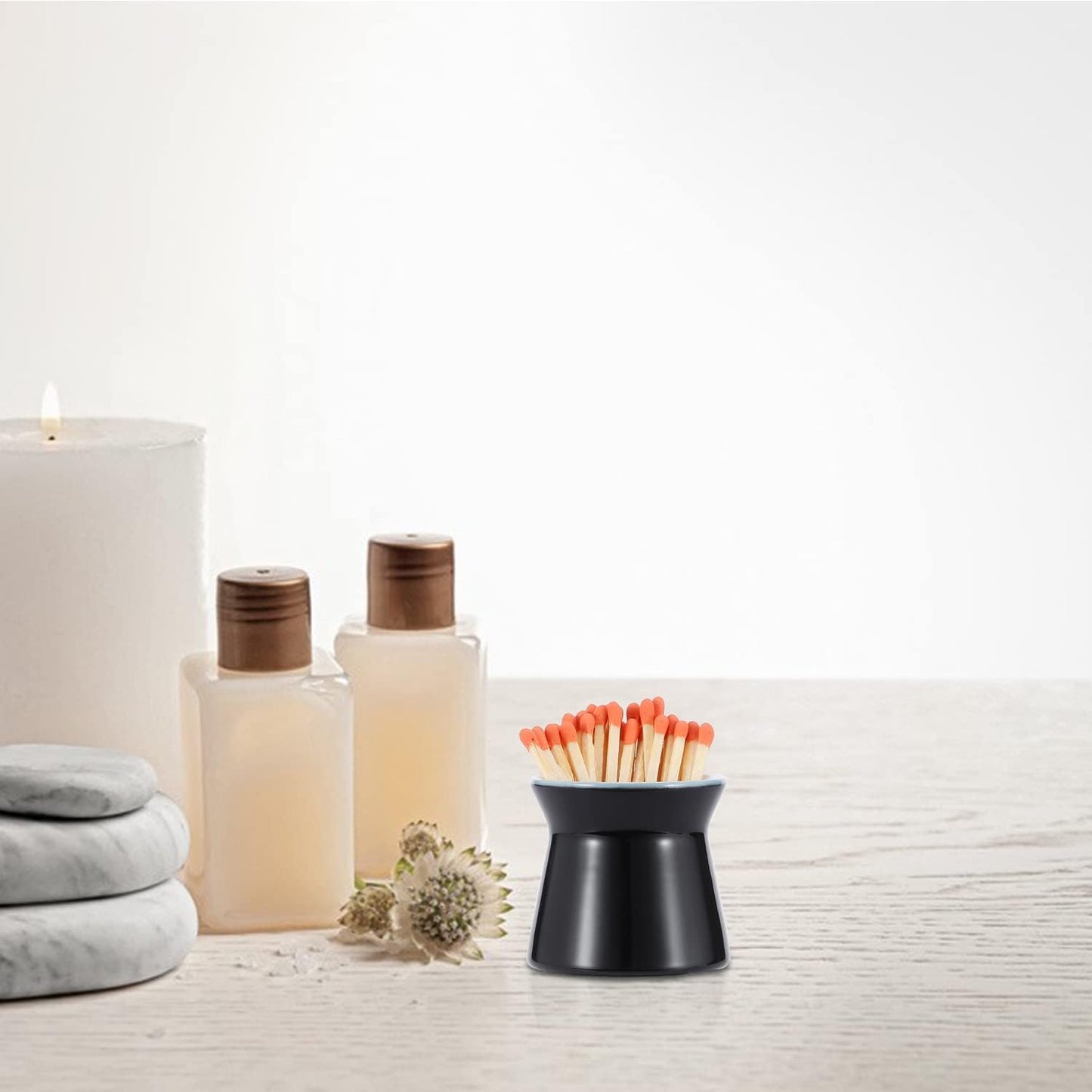 2 Pack Match Holder with 6 Pcs Strikers, Handmade Ceramic Match Box for All Matches, Cute Home Decor Match Jar with Striker for Candle, Fireplace, Parlor. (Sold Without Matches) (Black)