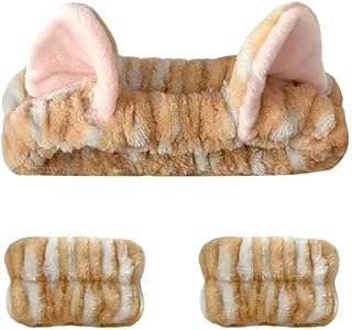 Cute Spa Headband and Wristband Set for Women Kawaii Cat Ear Yellow Makeup Headband for Washing Face (3PCS, Yellow)