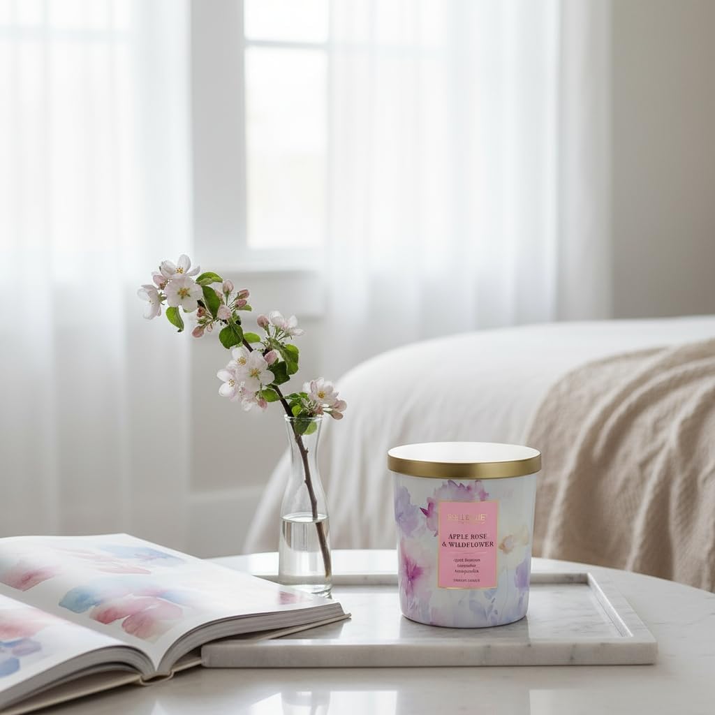 Luxury Fragranced Candle, 12 OZ, Soy Blend Wax, Essential Oils, Long-Lasting Burn, Home Fragrances, Aromatherapy Home Scented Candles Scent: AppleRose & Wildflower