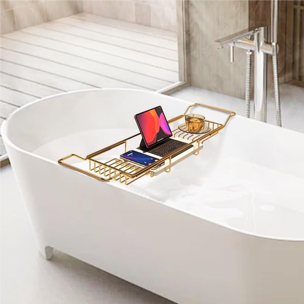 Modern Stainless Steel Bathtub Tray, Creative Expandable Bathtub Caddy, Tub Tray with Artificial Marble Board, Practical Bathtub Accessories for Bathroom(Silver)