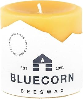 Bluecorn Beeswax Pillar Candle, 100% Pure Natural Bees Wax, Hand Poured 3x3 Candle, Clean Burning & Dripless, Long Lasting (50 Hrs), Paraffin, Soy & Fragrance Free, Home Decor, American Made, 1 Count