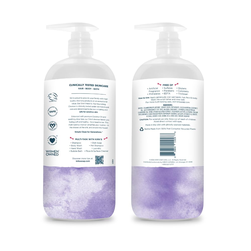 Kirk's Lavender & Vanilla 3-in-1 Nourishing Cleanser, Shampoo Body Wash Bubble Bath, Coconut Oil and Aloe Vera, Vegan Non-GMO, 32 Fl Oz