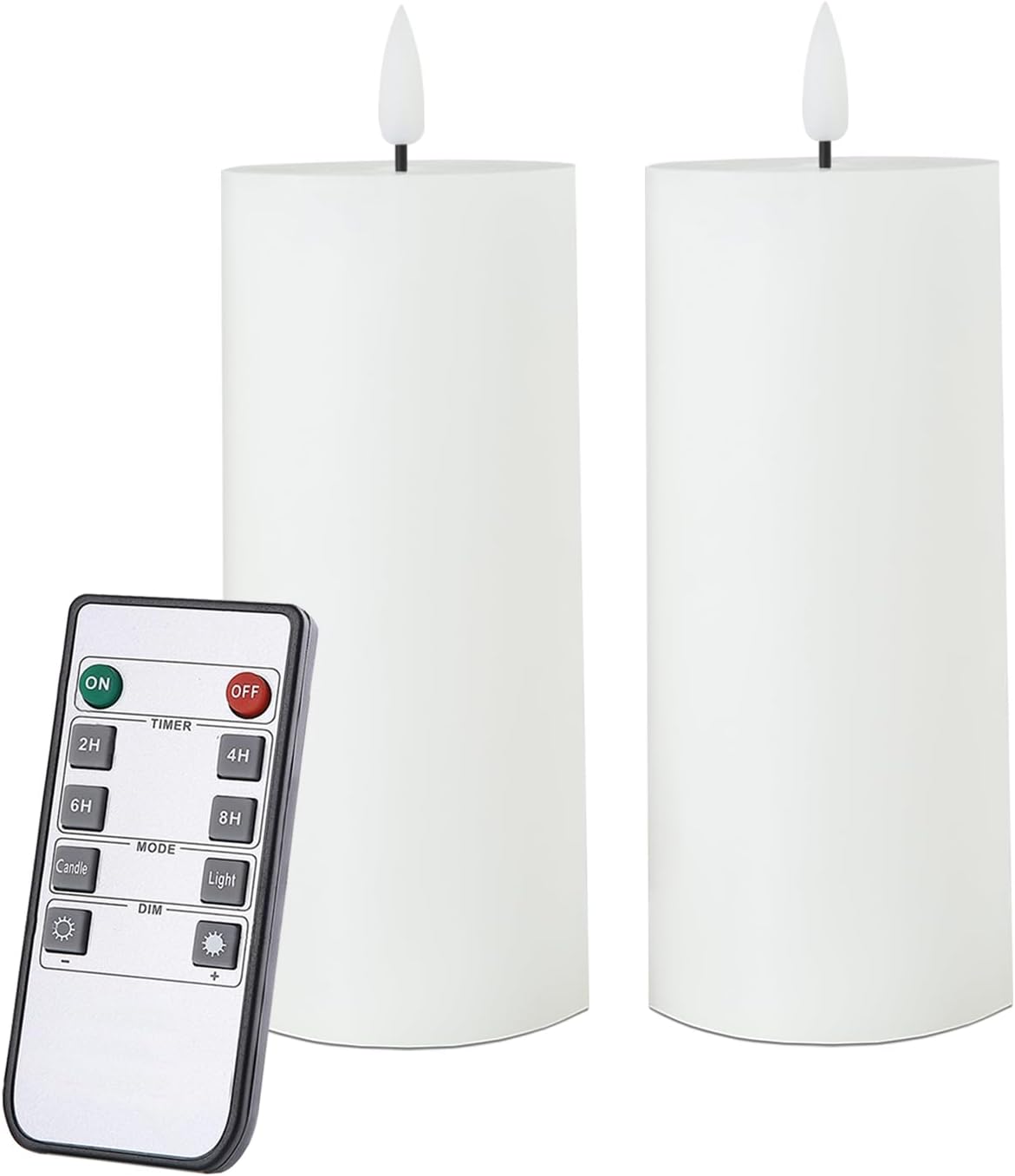 volnyus White Flameless Candles Set of 2 (2.2x5 Inch) Flickering LED Wax Candles Battery Operated with Remote Control Timers for Fireplace Bedroom Livingroom Party Dimmable Pillars Flat top