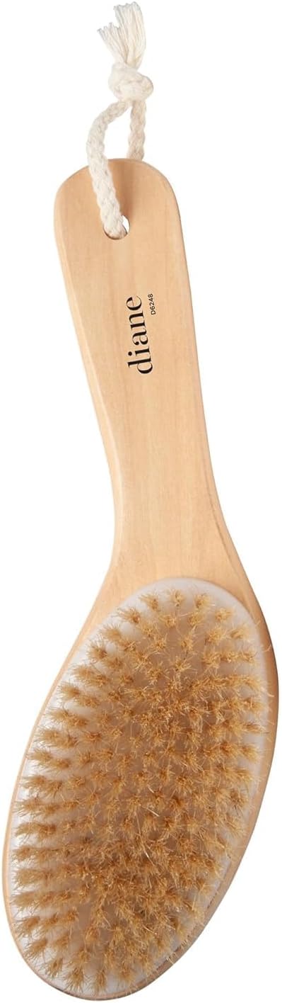 Diane Curved Handle Exfoliate & Glow Dry Skin Brush, 100% Boar Bristle Brush for Body Scrubbing, Lymphatic Massage, Drainage, and Gentle Exfoliation for Radiant Skin, Dry Body Brush for Cellulite