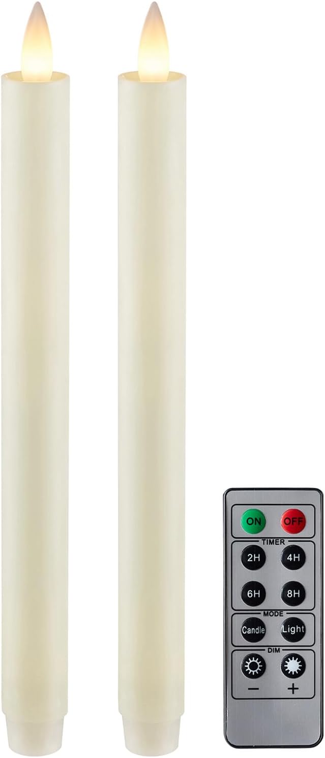 Flameless Taper Candles Flickering with Remote and Timer, 3D Moving Flame Taper Candle Battery Operated to 400 Hours, 9 Inch Window Candles, (Ivory)