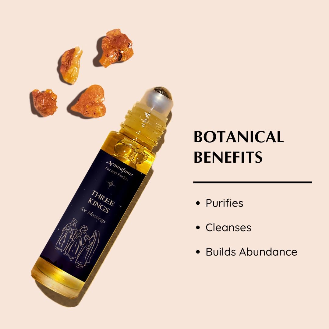 Three Kings Resin Essential Oil Roll-On | 1 x 10ml / 0.33 fl oz by Aromafume| Ideal for Spirituality & Rituals | Made with Pure Boswellia, Serrta & Natural extracts | Non-Alcoholic, Non-Toxic & Vegan