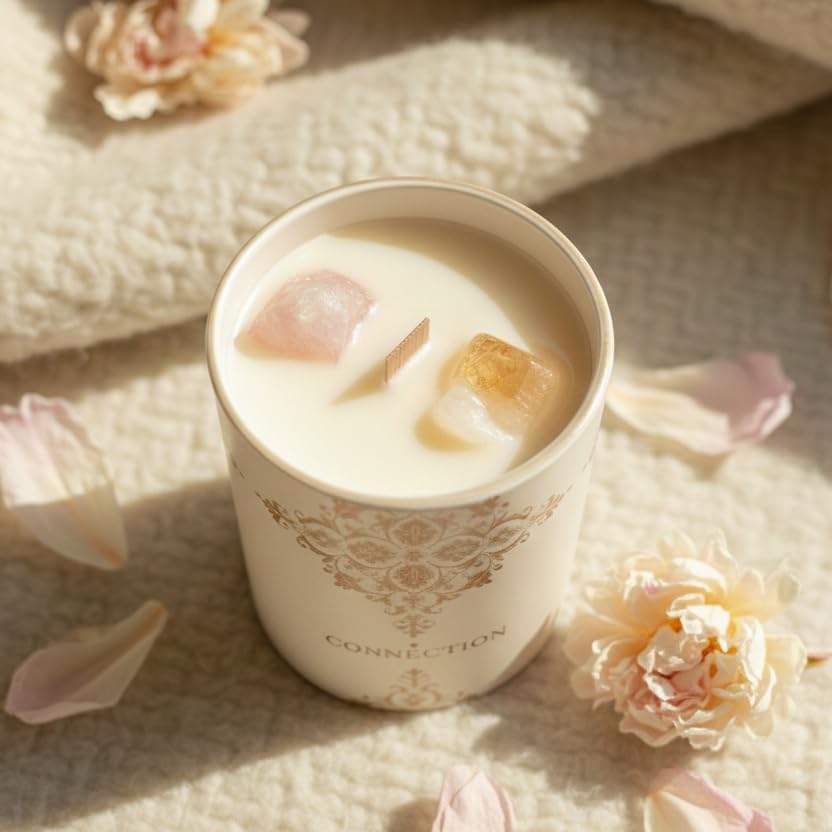 Healing Crystal Candle Gift for Women - Vanilla Cashmere Luxury Soy Candle with Crystals - Rose Quartz & Citrine - Gift-Ready Aromatherapy Candle for Stress Relief, Meditation & Manifestation