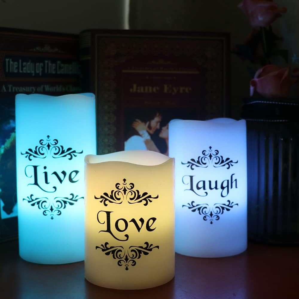 Color Changing LED Flameless Candles with 18-Key Remote and Timer, Live Love Laugh Decals Battery Operated LED Flickering Pillar Candles Dinner Wedding Decor 3 x 4, 5, 6