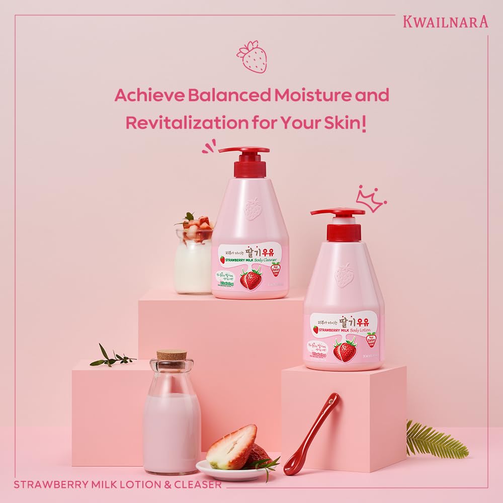 Kwailnara Strawberry Milk Body Wash (19.75 Fl Oz) – Korean Body Cleanser for Hydrated & Smooth Skin | Milk Protein, Royal Jelly & Exfoliating Strawberry Extract | Paraben-Free with Gentle Bubbles