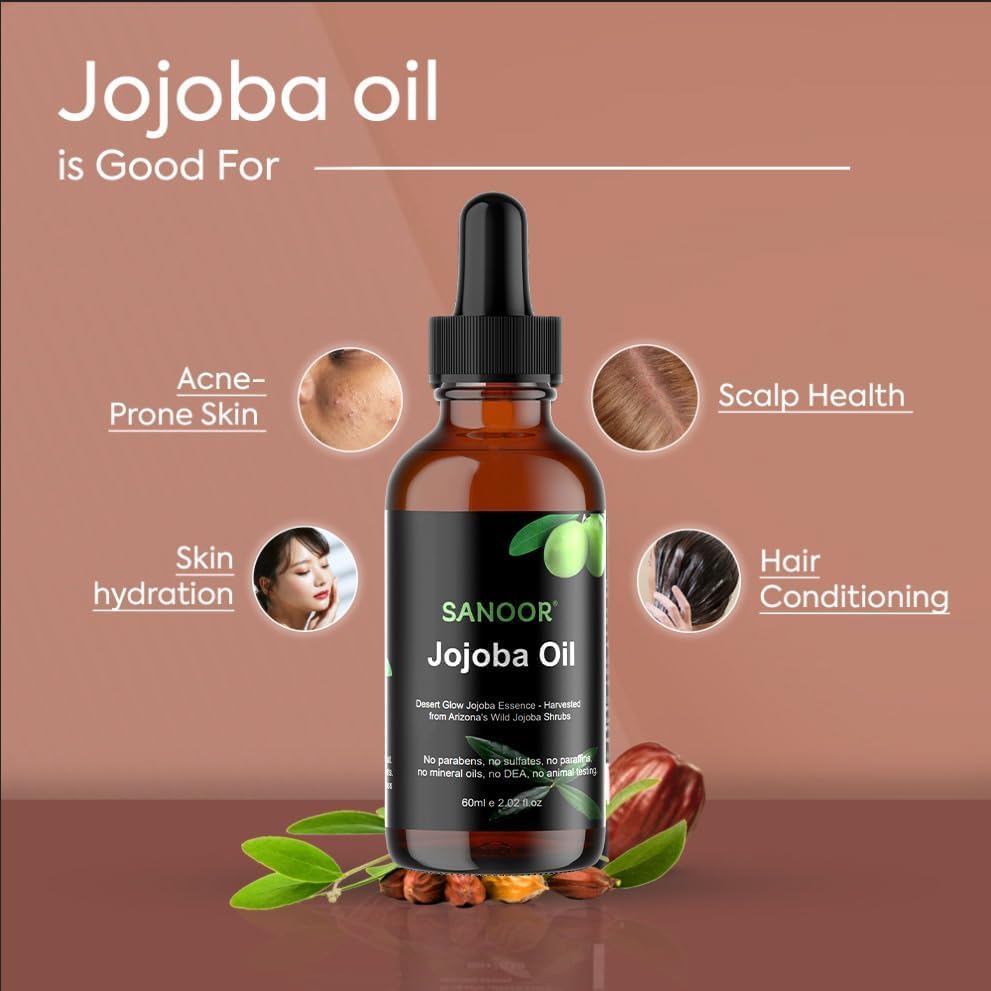 SANOOR Desert Organic Jojoba Oil | 100% Pure (2.02oz) | Cold-Pressed Moisturizer for Skin & Hair Care | Nutrient-Rich Pure Hair Butter | Hydrating Oil for Face, Body, and Scalp | 60ml