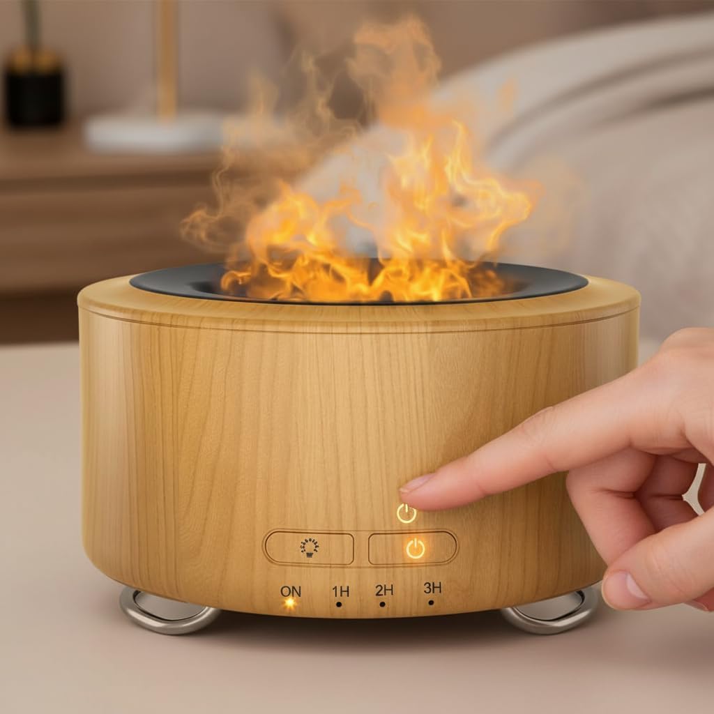Essential Oil Diffuser with Flame,500ml Humidifier Aromatherapy Diffuser with Auto Off for Home&Office&Bedroom,Brown