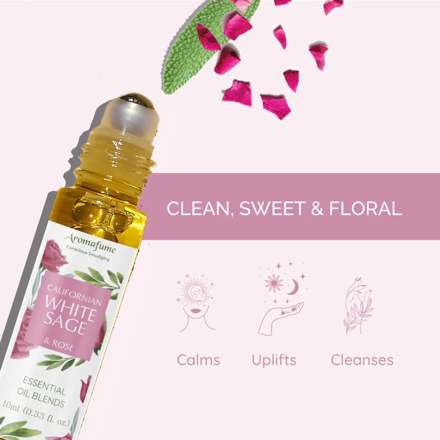 White Sage & Rose Essential Oil Roll-On Blend by Aromafume | 10ml/0.33 fl oz | Aromatherapy Oil for Cleansing Negative Energy & Protection | Ethically sourced sage Oil for smokeless smudging