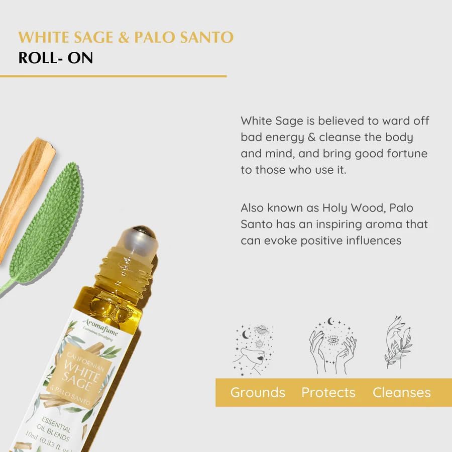 White Sage & Palo Santo Essential Oil Roll-On Blend by Aromafume | 10ml/0.33 fl oz | Aromatherapy Oil for Cleansing Negative Energy & Protection | Ethically sourced | Sage Oil for Smokeless Smudging