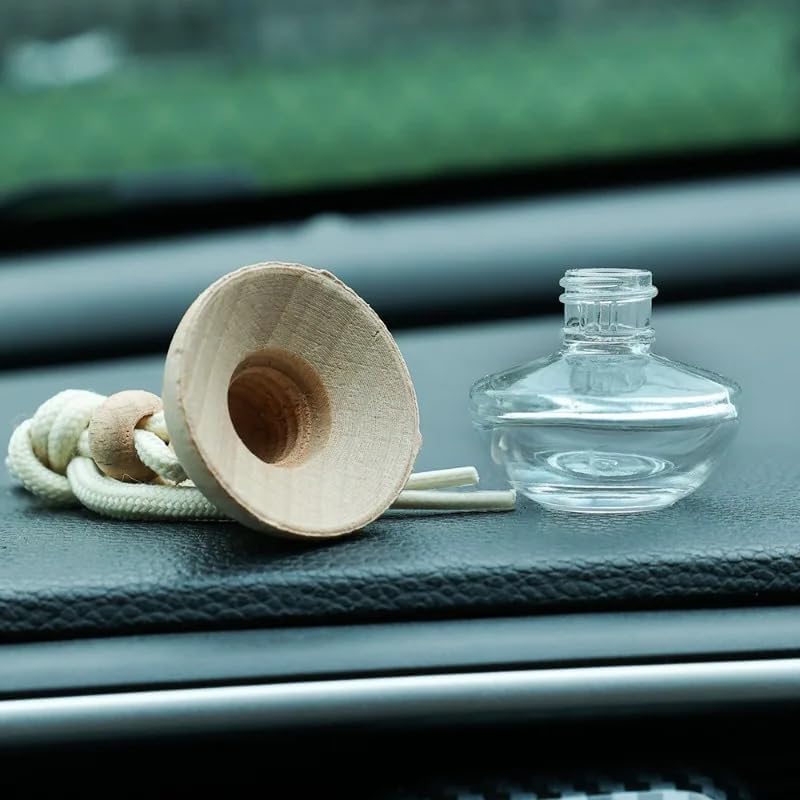 Omana 3-Pack Car Air Freshner Bottle 6ml Refillable Pendant with Wood Lid Elimination Air Diffuser Perfume Bottles for Essential Oils Car Decor Accessories, Frosted Glass (3 Pcs, Clear Glass)