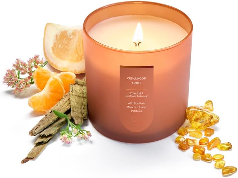 CUE Scented Candle |MoodBoost Essential Oils |OpenWick Clean Burning Candle | Soy Coconut Wax Blend | Candle for Home | Gift |Extended Burn Time (8.5oz, Cedarwood Amber)