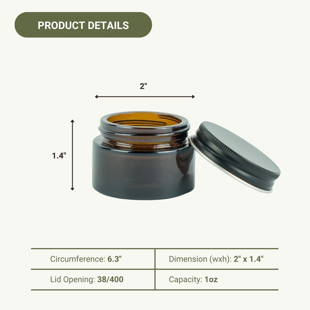 Glass Amber 1oz Jar - 12 Packs, Lead-Free Empty Round Jars For Beauty Products, Lotion, and Powders - Black Lid - Small Candle Jars