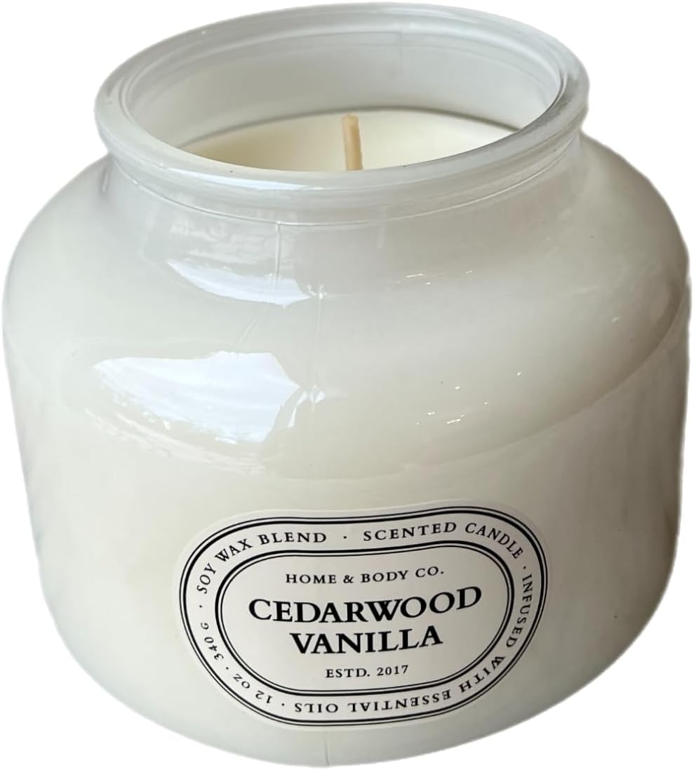 Home&Body Company Scented Candles 12 OZ Fragranced Candle, Soy Blend Wax, Infused with Essential Oils, Home Fragrances, Aromatherapy Home Scented Candles Gift, Scent: Cedarwood Vanilla